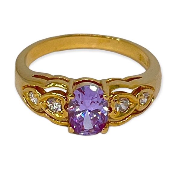 Vintage Ring Size 5 Purple Cubic Zirconia Accents 14K Gold Plate Mid-Century 14J - Picture 7 of 10